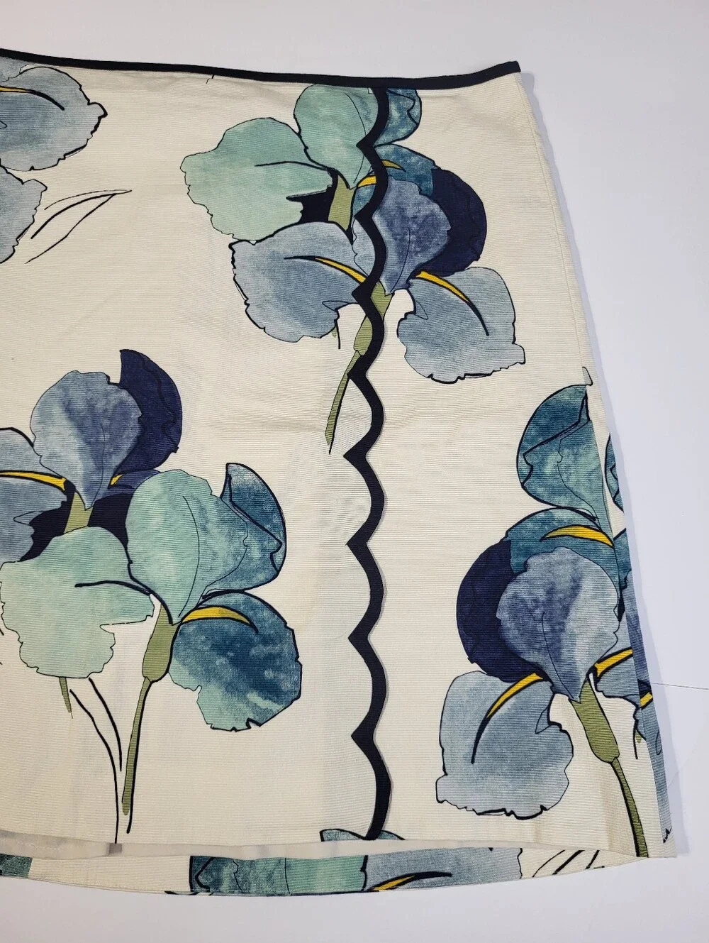 Tory Burch Iris Print A Line Skirt Black Scallop Trim Lined Blue Cream